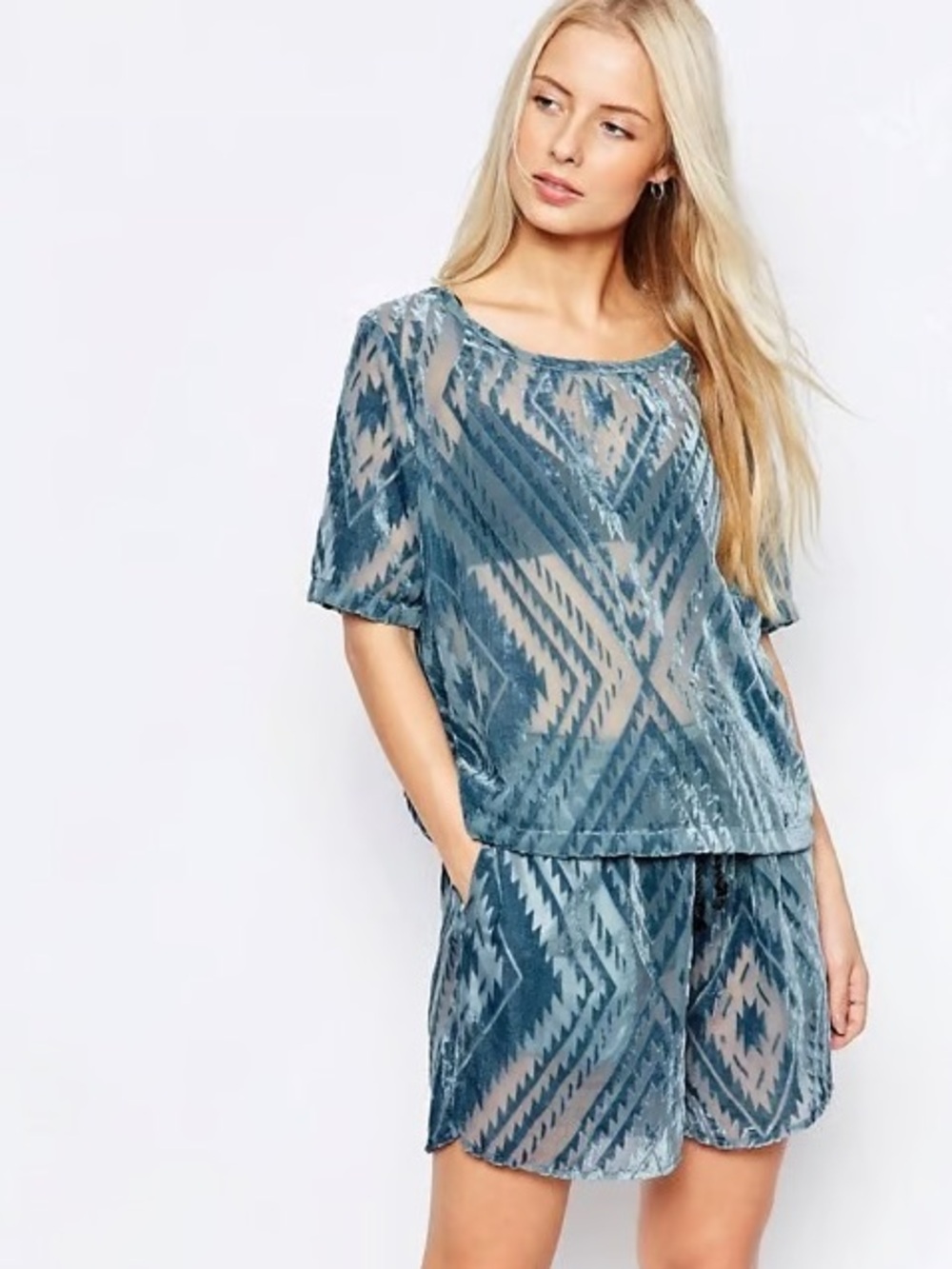 GANNI Citadel Blue Burnout Velvet Top NWT Geometric Sheer Tee Medium